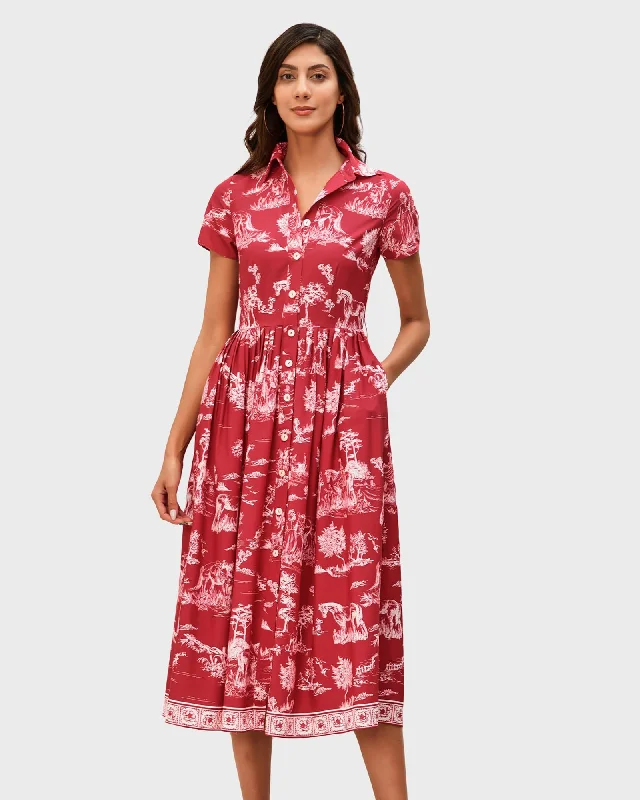 Savings Galore Toile print crepe fit-and-flare shirtdress | Coral red