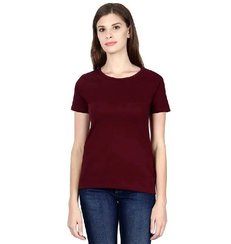 Can't Be Beat Plain Maroon Half Sleeves T-Shirt for Women