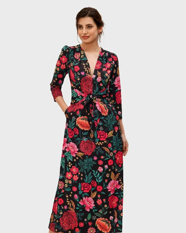 Super Deal Tie waist floral print crepe dress | Black multi