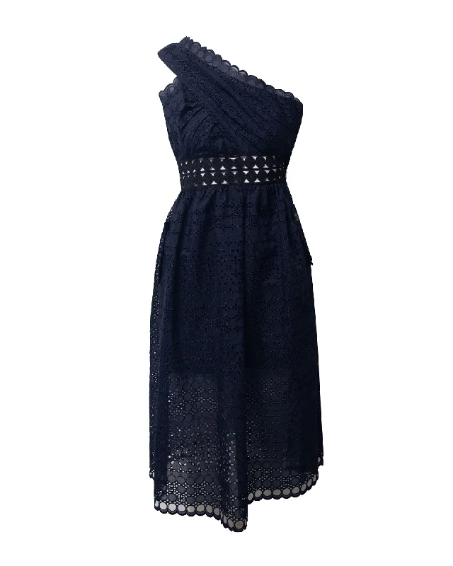 Fantastic Offers Self Portrait Asymmetrical Openwork Dress in Navy Blue Polyester