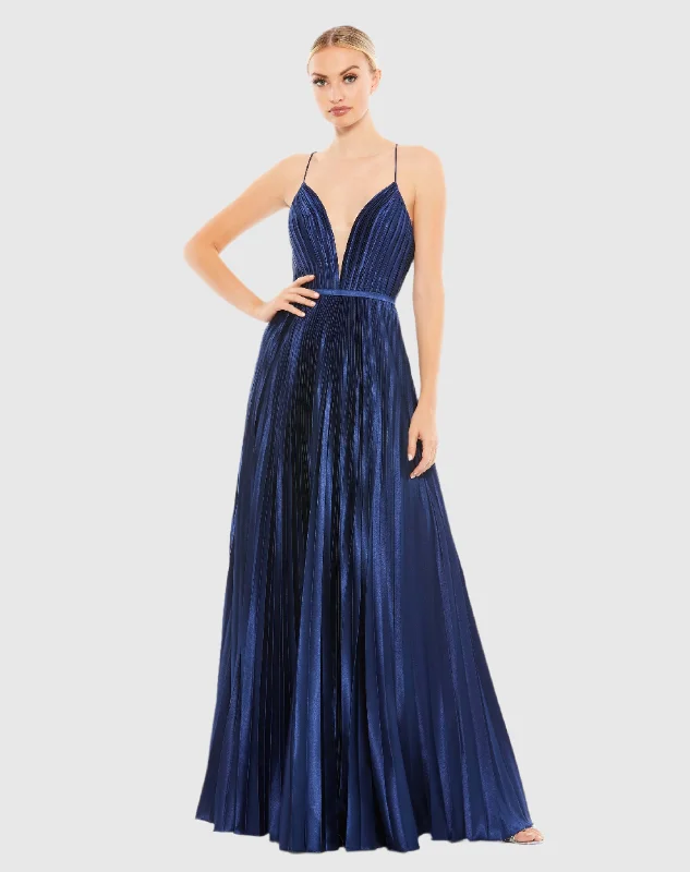 Early Access Navy Plunge Neck Pleated Evening Gown