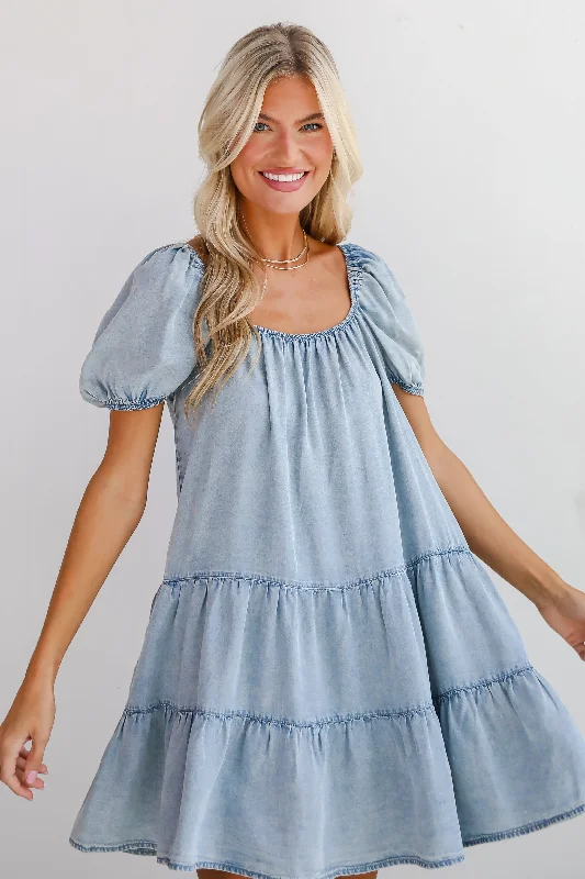 Markdowns Aesthetic Charm Light Denim Tiered Mini Dress