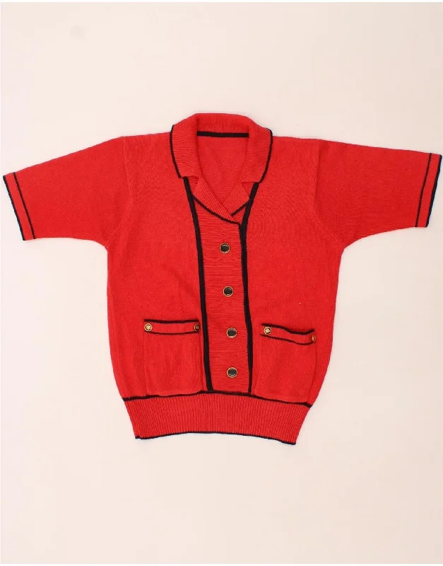 Shop and Save VINTAGE Womens Short Sleeve Polo Neck Jumper Sweater UK 12 Medium Red
