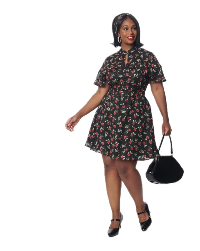Final Markdown Unique Vintage Black & Red Rose Capulet Fit & Flare Dress | black & red roses