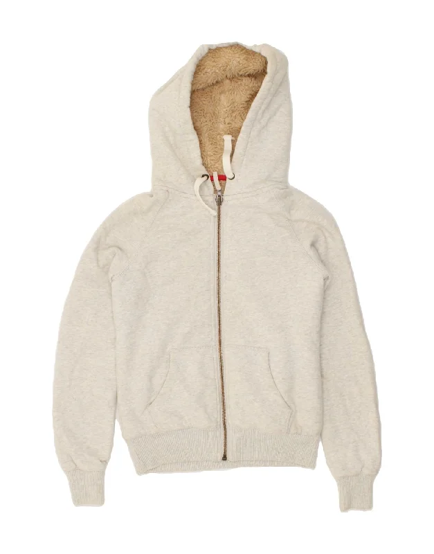 Deal Mania JACK WILLS Womens Sherpa Graphic Zip Hoodie Sweater UK 10 Small Grey