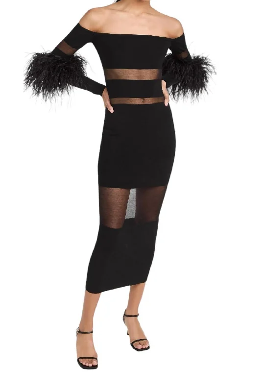 Lowest Prices Sheer Cotton Viscose Partial Intarsia Dress With Ostrich Feathers In Black