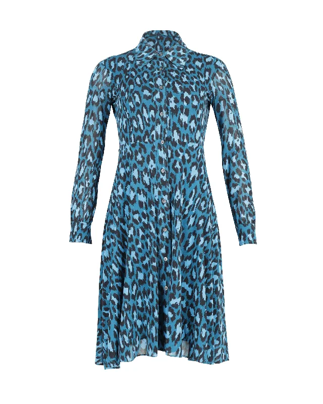 Epic Deals Diane Von Furstenberg Leopard Print Button Down Dress in Teal Viscose