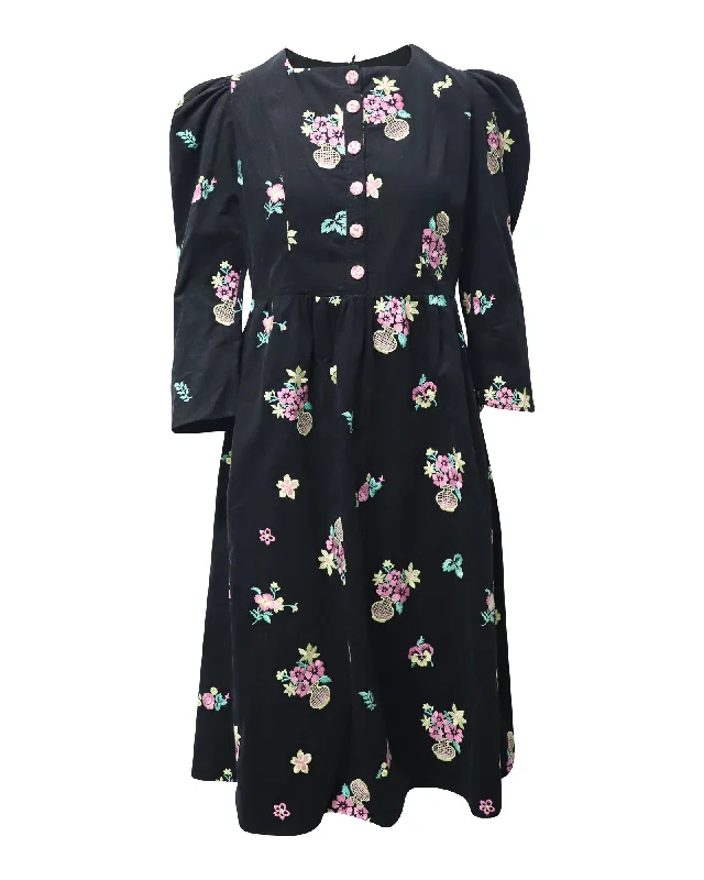 Discount Deals Batsheva Puff Sleeve Midi Dress in Black Floral Print Cotton