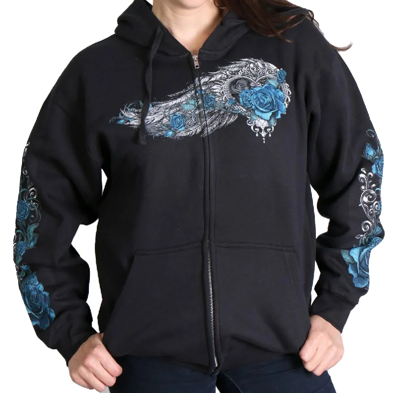 Unmissable Offer Hot Leathers GLZ4345 Women's 'Angel Roses' Zip Up Hooded Black Sweat Shirt