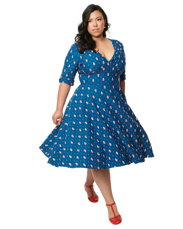 Extra Savings Unique Vintage Teal Mushroom Stamp Delores Swing Dress | Teal Mushroom Stamp