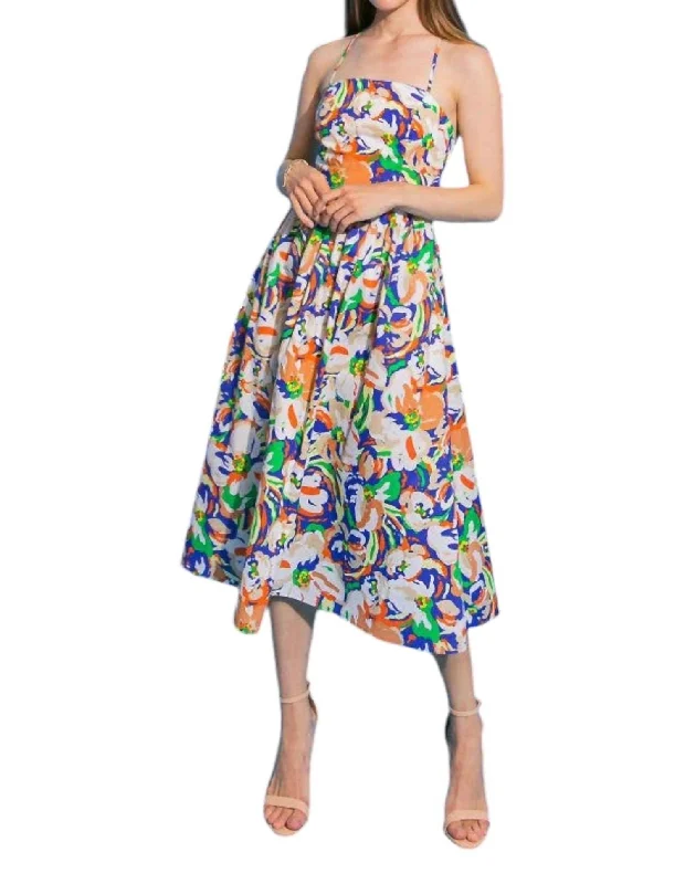 Final Clearance Floral Poplin Midi Dress In Blue