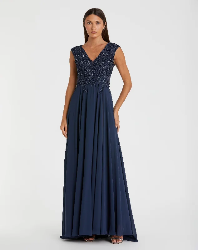 Sale Event Navy Applique Cap Sleeve Bodice Flowy Gown