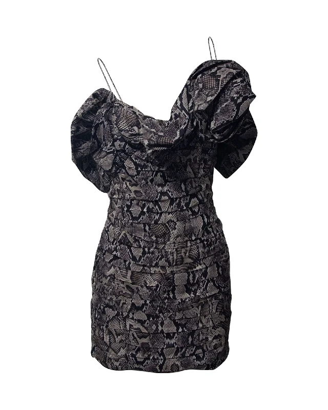 Price Rollback Magda Butrym Ruffled Off Shoulder Dress with Snake Skin Print in Grey Silk