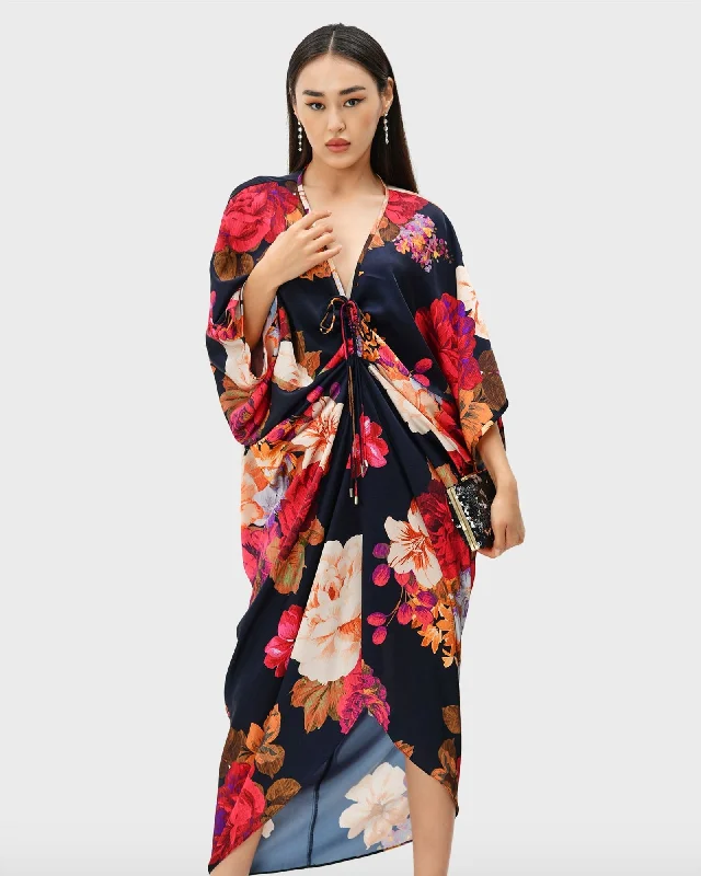 Steals and Deals Ruched front floral print satin kaftan | Deep navy multi