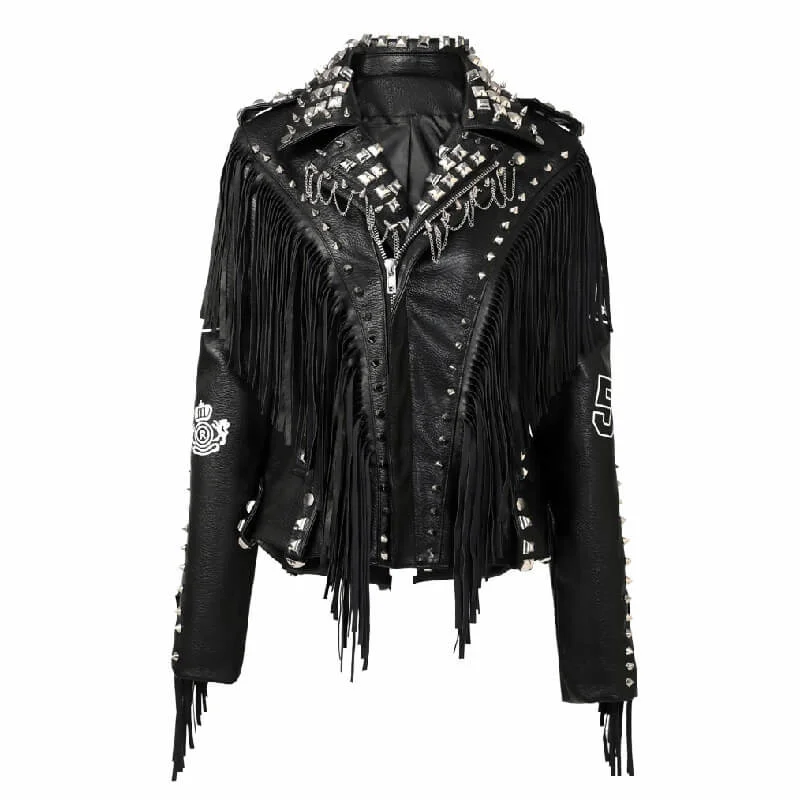 Quick Sale Fashion Ladies PU Leather Jacket with Rivets and Chain / Moto & Biker Jackets for Women