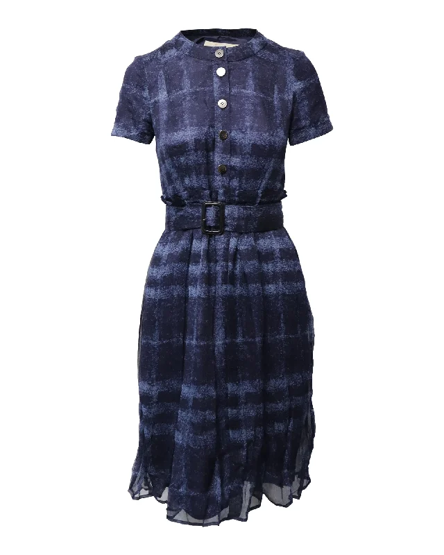 Great Deals Burberry Belted Short Sleeve Dress in Blue Silk