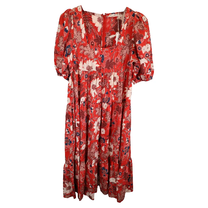 Major Savings Ulla Johnson Nora Gathered Floral Midi Dress in Red Cotton