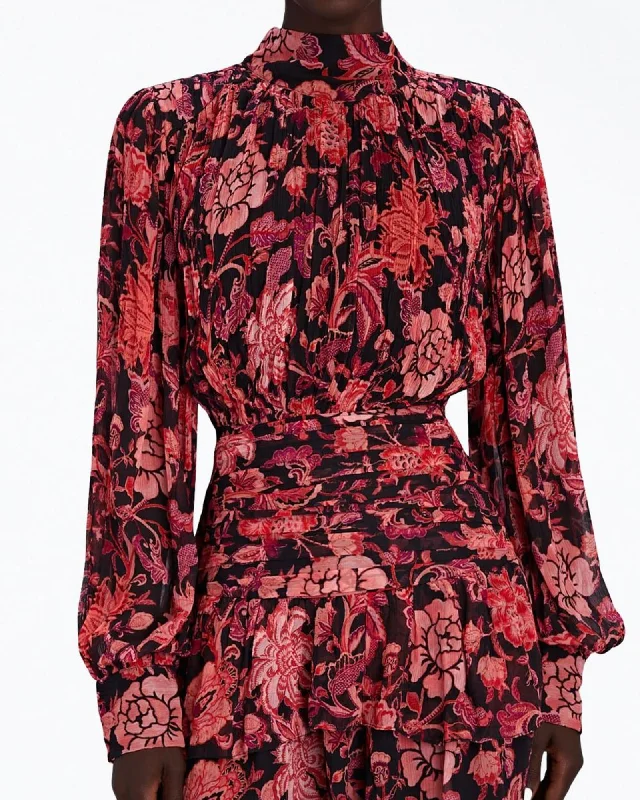 Can't Miss Ruched Floral-Print Georgette Mini Dress in Crimson Red | Crimson Red