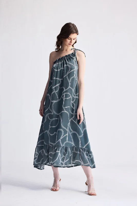 Friends and Family Sale One Shoulder Midi Dress in Abstract Stripes