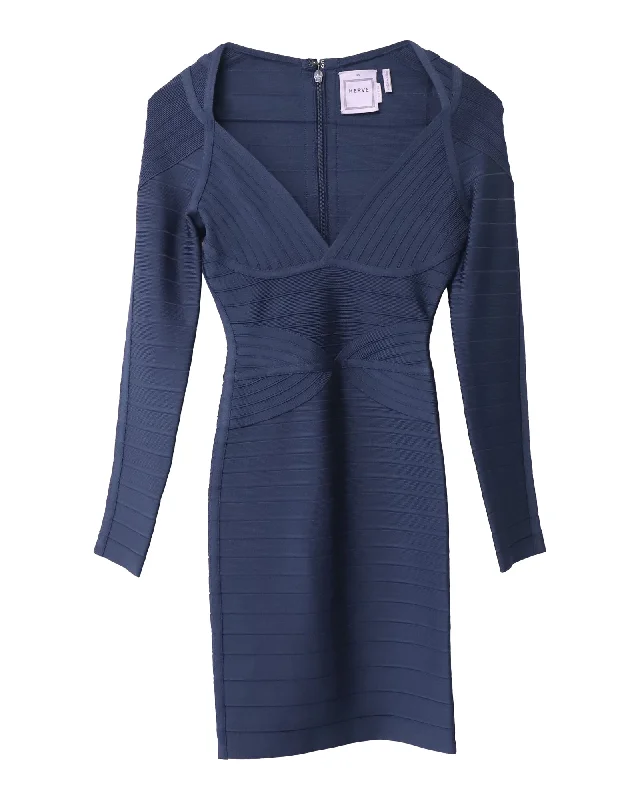 Special Discount Herve Leger Long Sleeve Bandage Dress in Blue Rayon
