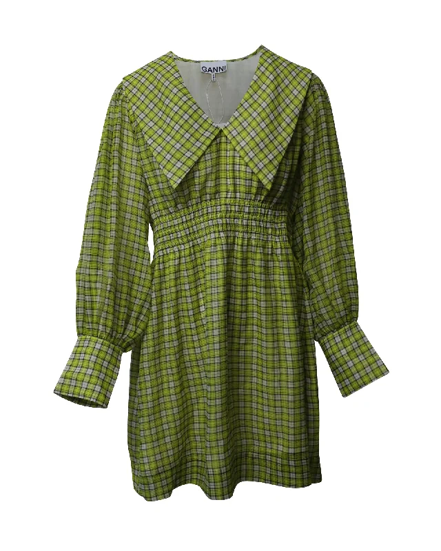 Overstock Ganni Wide Collar Smocked Mini Dress in Yellow Print Polyester
